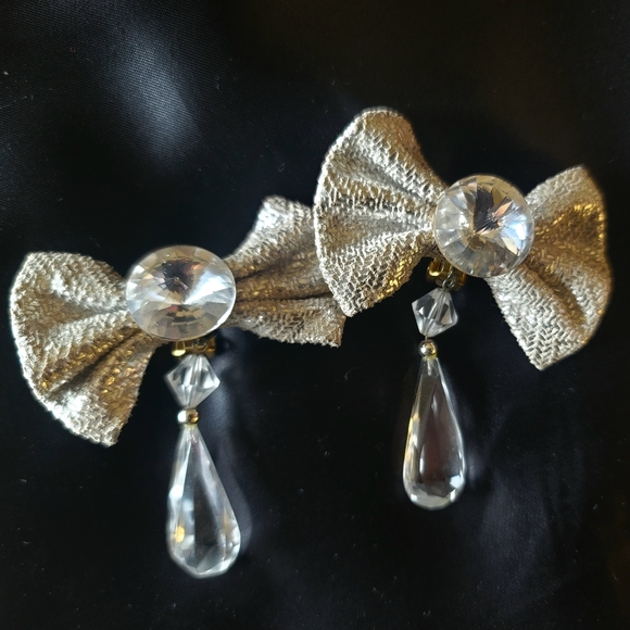 Custom Jewelry - Stunning Bowtie Silver Fabric Chandelier-Drop Clip Earrings Bridal Evening